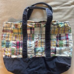 J. Crew Blue Tote Bag with Patchwork Design